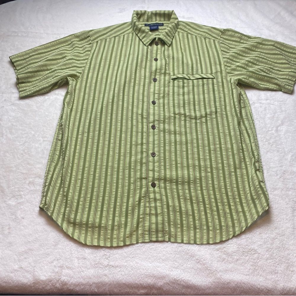 Exofficio Green Striped Short Sleeve Button Down Shirt Size Large